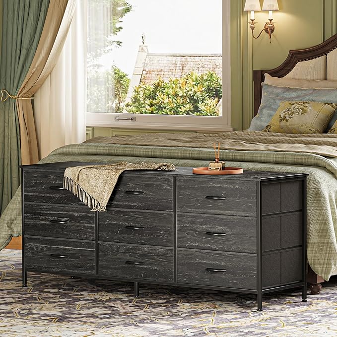 Huuger Long Dresser for Bedroom, 55 Inch TV Stand for 55, 60 Inch TV, Entertainment Center with Drawers, Large Storage, 9 Fabric Drawers Dresser for Closet, Charcoal Black Wood Grain Print