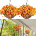 Orgrimmar 2 Pack Artificial Fall Mums Hanging Basket - UV Resistant Fake Hanging Plants with Realistic Silk Mums & Eucalyptus, Coconut Lining Baskets for Home Porch Balcony Patio Yard (Orange)