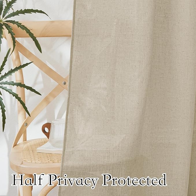 RYB HOME Linen Textured Semi Sheer Curtains Half Privacy Light Glare Filtering Breezy Airy Window Decor for Bedroom Bathroom Living Room, Beige, W 34 x L 63 inch, 2 Panels