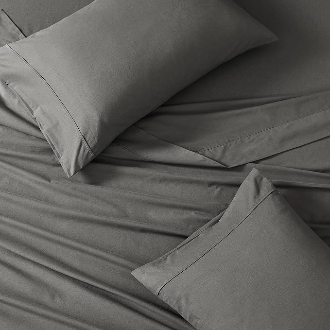 LANE LINEN 100% Organic Cotton Full Size Sheets, Hotel Like Crisp Percale Low Pill Fade Resistant Reinforsed Seam Cotton Sheets, Naturally Cooling 15" Deep Pocket Full Bedding Set- Charcoal