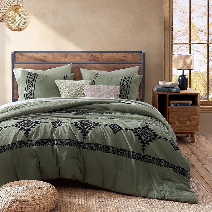 MaiRêve Olive Green Embroidery Comforter Sets Full Size - 7 Piece, Farmhouse Western Boho Comforter Set, All Season Bed in A Bag Full with Sheets, Pillowcases & Shams