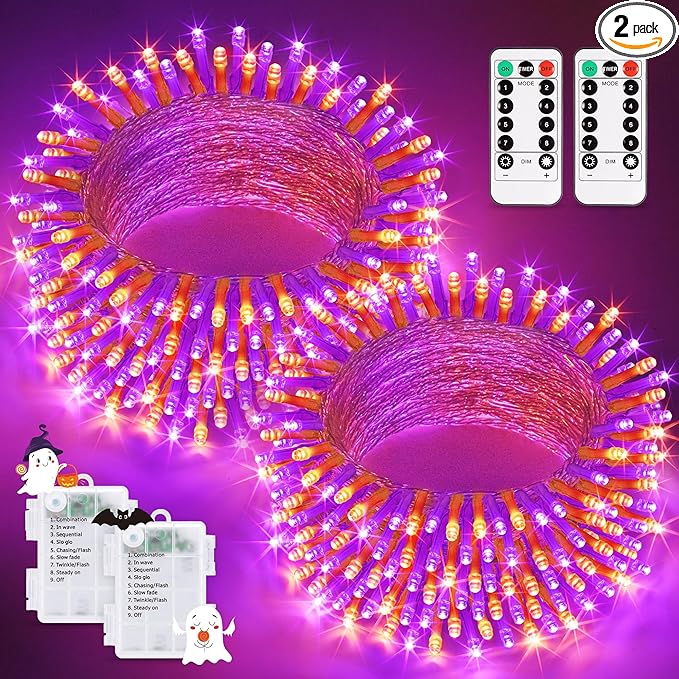 JMEXSUSS 2 Pack Orange Purple Battery Operated Halloween Lights, Each 33ft 100 LED Battery Powered String Lights with Remote Outdoor Indoor