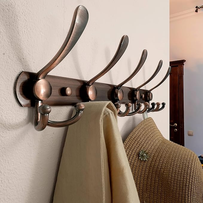 Dseap Wall Mounted Coat Rack - 5 Tri Hooks, Heavy Duty, Stainless Steel, Metal Coat Hook Rail for Coat Hat Towel Purse Robes Mudroom Bathroom Entryway (Antique Copper, 2 Packs)