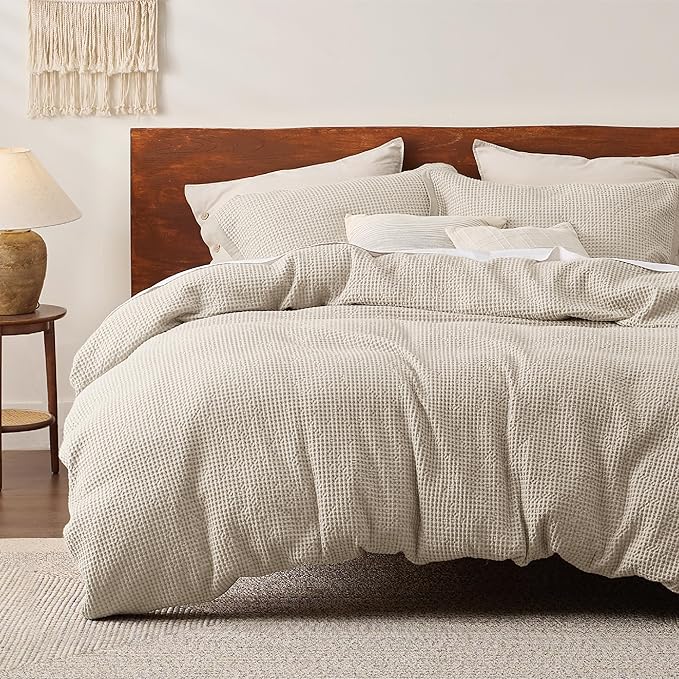 Bedsure Cotton Duvet Cover Set - 100% Cotton Waffle Weave Beige Duvet Cover Oversized King Size, GentleSoft™ and Breathable Bedding Set for All Season, 3 Pieces, 120"x98"