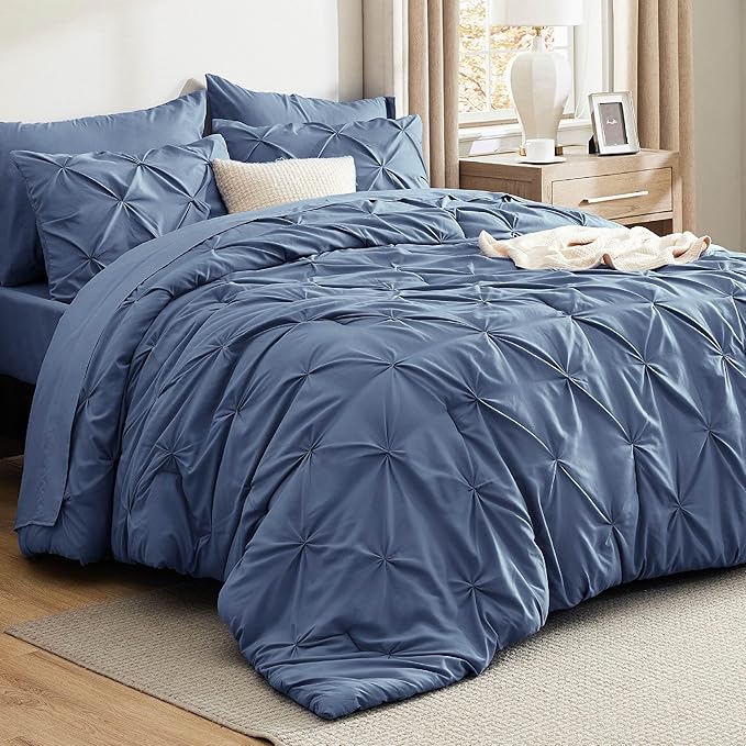 Bedsure Twin Comforter Set Slate Blue - Bed in a Bag Twin Size Bedding 5 Pieces, GentleSoft™ Pintuck Bed Set Gift for Family, Pinch Pleat Slate Blue Comforter with Sheets, Pillowcase & Sham