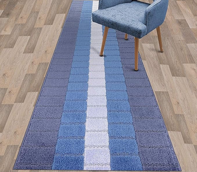 Custom Size Coastal Nautical Style Runner Rug Carpet for Hallway Entryway, Slip Resistant Latex Rubber Backed, 31 inch Wide X Customized Length, Squares Blue, 31 inch X 5 feet