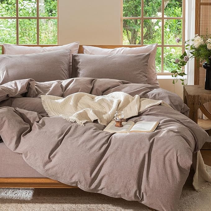 MooMee Bedding Duvet Cover Set 100% Washed Cotton Linen Like Textured Breathable Durable Soft Comfy (Heathered Mauve Brown, Oversized Queen 98"x98")