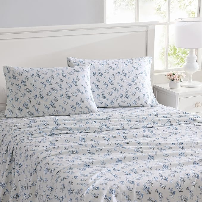 Laura Ashley - Flannel Sheets Queen Size, Anti-Pilling & Wrinkle Resistant Cotton, Touchably Soft for All-Season Comfort - Bed Sheets with Matching Pillowcases & Fitted Sheet (Audrey Blue)