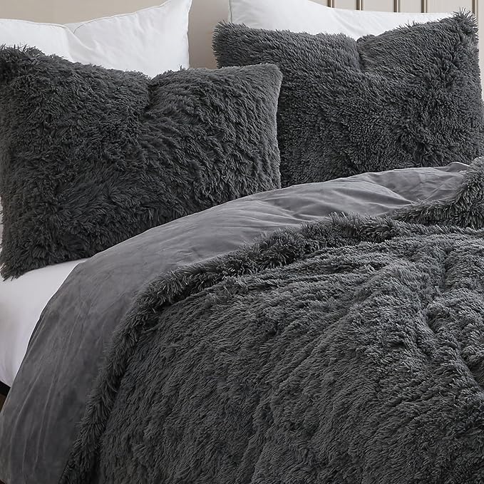 King Luxury Faux Fur Comforter Set - Soft & Breathable 7-Piece Bedding Collection - 1 Comforter, 1 Fitted Sheet, 1 Flat, 2 Pillowcases, 2 Pillow Shams - Deep Pocket - Premium Quality, Dark Gray