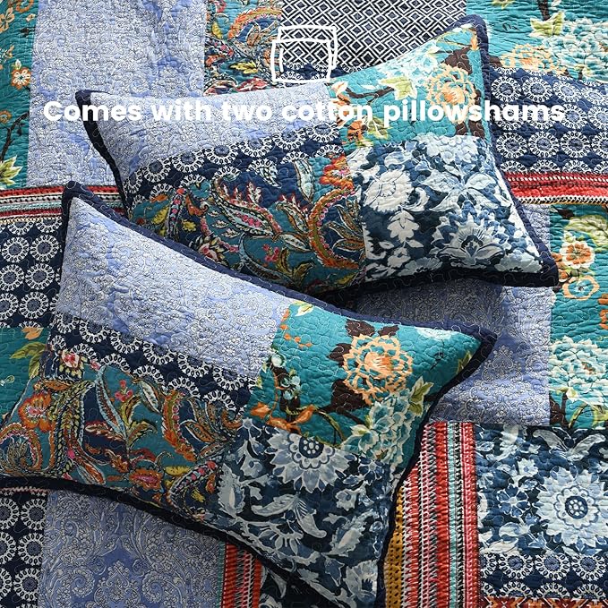 Secgo Twin Size Quilt Size - 100% Cotton Twin Comforter Set Bedding Sets (68 * 86 Inch) with 2 Pillow Shams, Patchwork Reversible Lightweight Bedspread