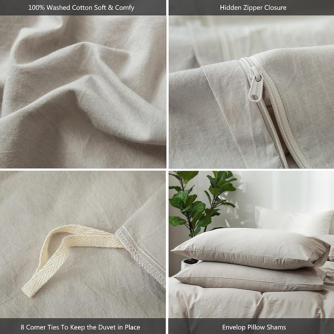 MooMee Bedding Duvet Cover Set 100% Washed Cotton Linen Like Textured Breathable Durable Soft Comfy (Heathered Cream Grey, Oversized King Plus 128"x120")
