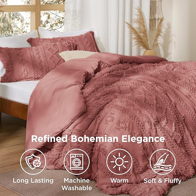 Bedsure Tufted Boho Comforter Set Twin Size - Grayish Pink Boho Bed Set, GentleSoft™ 2 Pieces Farmhouse Shabby Chic Embroidery Bedding, Gifts for Woman, Soft Jacquard Twin Comforter for All Seasons