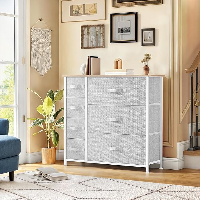 DWVO Dresser for Bedroom, 7 Drawers Fabric Dresser, Organizer Unit for Living Room, Hallway, Closets - Sturdy Steel Frame, Wooden Top & Easy Pull Fabric Bins, Light Gray