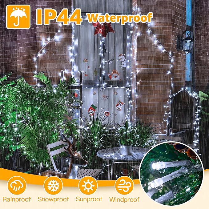 Ollny 120LED 40FT String Lights, Waterproof Connectable Christmas Lights with Timer 8 Modes, Cool White Plug in Fairy Light for Indoor Outdoor Bedroom Xmas Tree Holiday Party Decorations