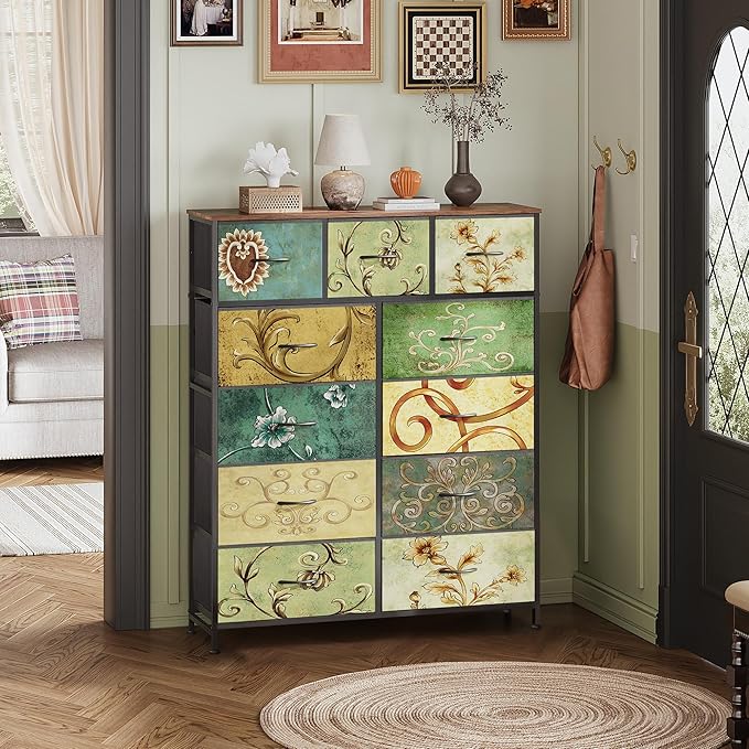 WLIVE Storage Organizer Unit with 11 Fabric Bins, Storage Drawers Organizer with Steel Frame, Tall Storage Tower Organizaton for Living Room, Hallway, Office, Floral Painted