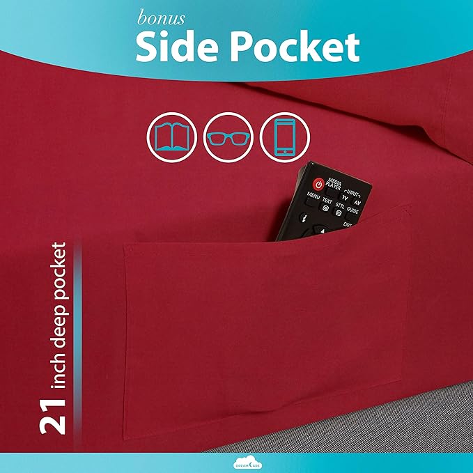 DREAMCARE Twin Sheets - 3pcs Cooling Sheets up to 21' Extra Deep Pocket Twin Bed Sheets - Twin Sheet Set - Soft & Long Lasting 100% Fine Brushed Polyester with Side Pocket - Brgndy