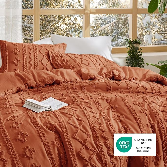 Bedsure Tufted Boho Comforter Set California King - Terracotta Boho Bed Set, GentleSoft™ 3 Pieces Farmhouse Shabby Chic Embroidery Bedding, Gifts for Woman, Soft Jacquard Comforter for All Seasons