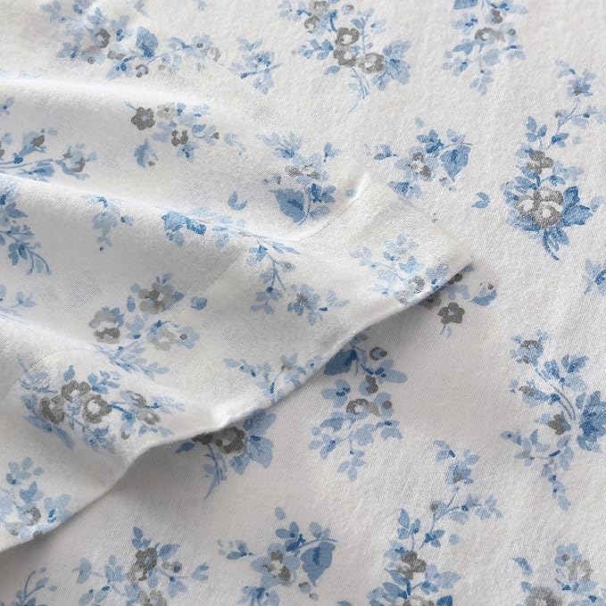 Laura Ashley - Flannel Sheets Full Size, Anti-Pilling & Wrinkle Resistant Cotton, Touchably Soft for All-Season Comfort - Bed Sheets with Matching Pillowcases & Fitted Sheet (Audrey Blue)