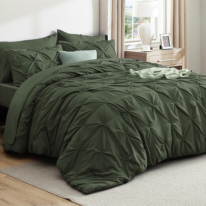 Bedsure Twin XL Comforter Set - Extra Long 5 Pieces Dorm Bedding Sets, GentleSoft™ Pinch Pleat Olive Green Bed in a Bag with Pintuck Comforter, Sheets, Pillowcase & Sham