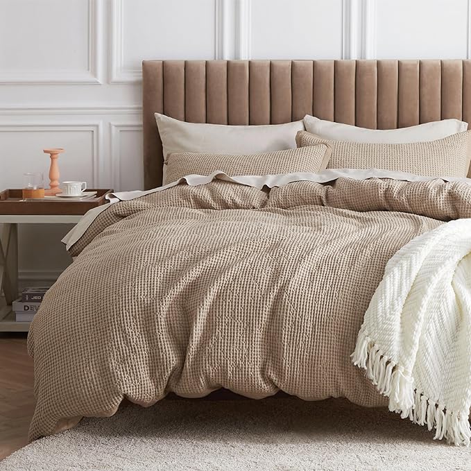 Bedsure Cotton Duvet Cover Full - 100% Cotton Waffle Weave Khaki Duvet Cover Set, GentleSoft™ and Breathable Tan Bedding Set for All Season, 3 Pieces, 80"x90"