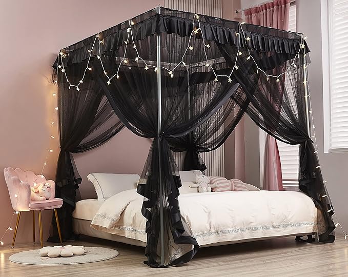 Mengersi 4 Corner Post Bed Canopy Bed Curtains Mosquito Net Bedroom Decoration Accessories (Twin, Black)