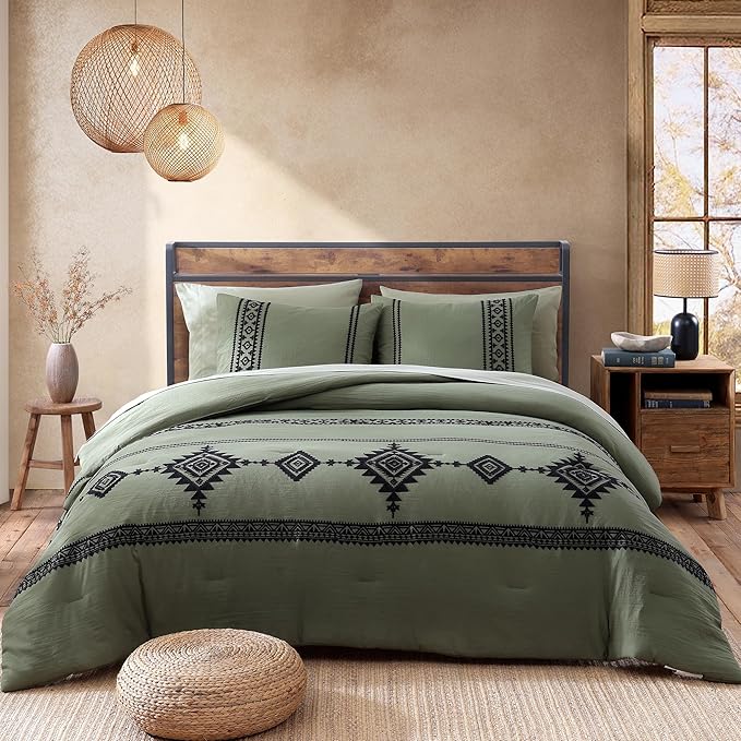 MaiRêve Olive Green Embroidery Comforters Set Queen Size - 7 Pieces, Farmhouse Western Bedding All Season Bed in A Bag Queen, Boho Comforter Set with Sheets, Pillowcases & Shams