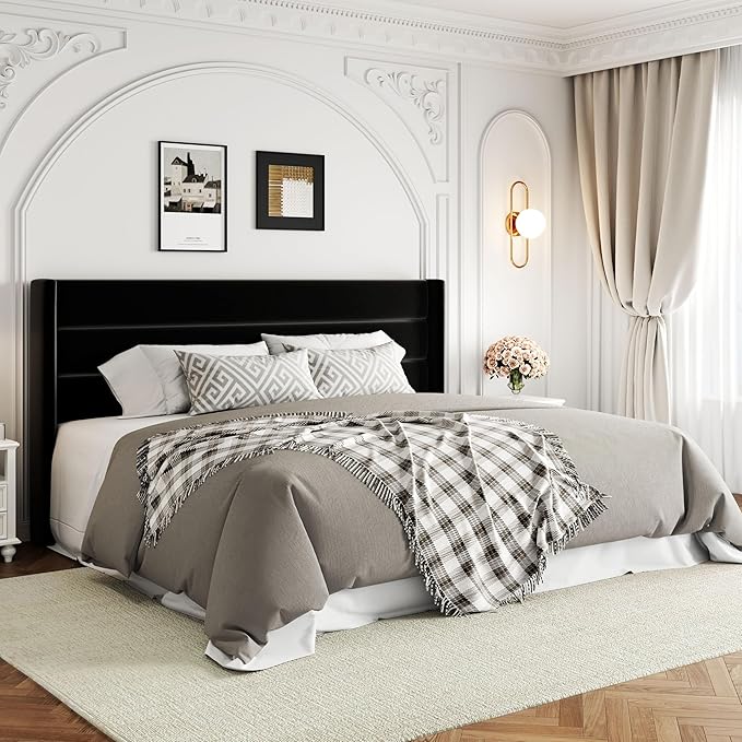 Allewie King Size Velvet Lift Up Storage Bed, Modern Wingback Headboard, Hydraulic Support, No Box Spring Needed, Black