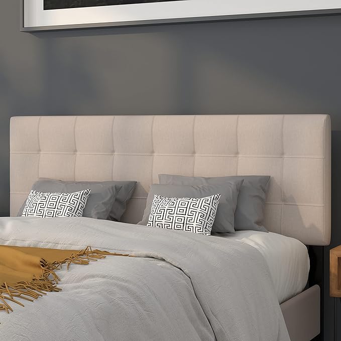 Flash Furniture Bedford Box Stitch Tufted Upholstered Queen Size Headboard in Beige Fabric