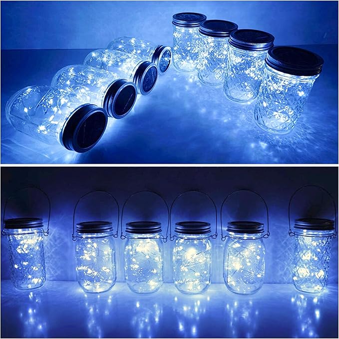 Solar Mason Jar Lid String Lights, 8 Pack 20 Led String Fairy Star Firefly Jar Lids Lights with 8 Hangers Included (Jars Not Included), for Mason Jar Patio Garden Wedding Lantern