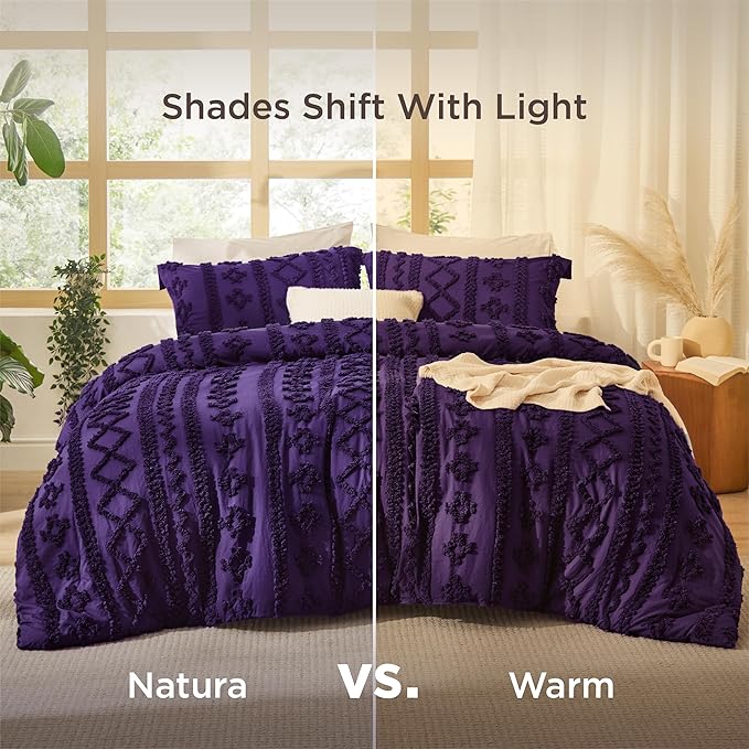 Bedsure Tufted Boho Comforter Set California King - Purple Boho Bed Set, GentleSoft™ 3 Pieces Farmhouse Shabby Chic Embroidery Bedding, Gifts for Woman, Soft Jacquard Comforter for All Seasons