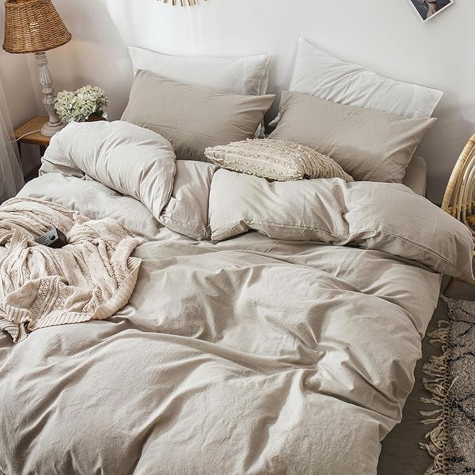 MooMee Bedding Duvet Cover Set 100% Washed Cotton Linen Like Textured Breathable Durable Soft Comfy (Heathered Tannish Linen Grey, Super King Plus 120"x120")