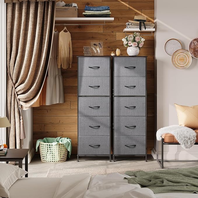 WLIVE Fabric Dresser, 5-Drawer Tall Dresser for Bedroom, Storage Dresser Organizer with Fabric Bins, Wood Top, Sturdy Steel Frame, Chest of Drawers for Closet, Hallway, Dark Grey