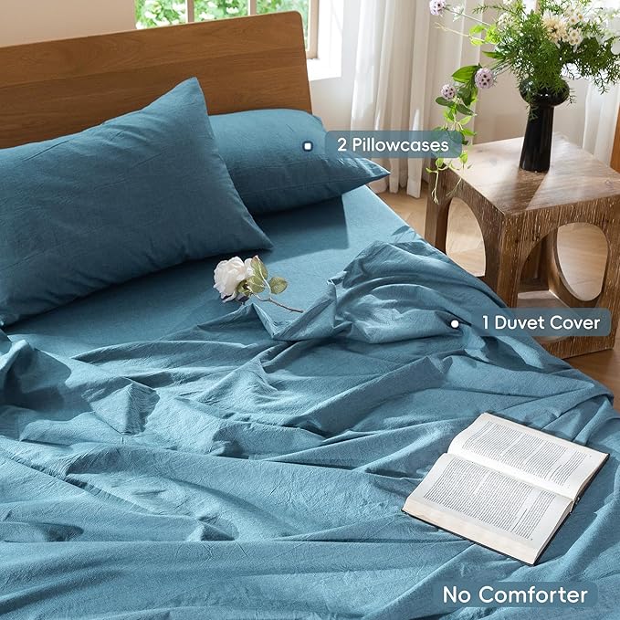 MooMee Bedding Duvet Cover Set 100% Washed Cotton Linen Like Textured Breathable Durable Soft Comfy (Heathered Peacock Blue, King 104"x90")