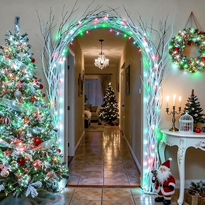 JMEXSUSS 2 Pack Red White and Green Christmas Lights Battery Operated, Each 33ft 100 LED Battery String Lights with Remote, Christmas String Lights for Tree Bedroom Porch Garland Yard Xms Decor