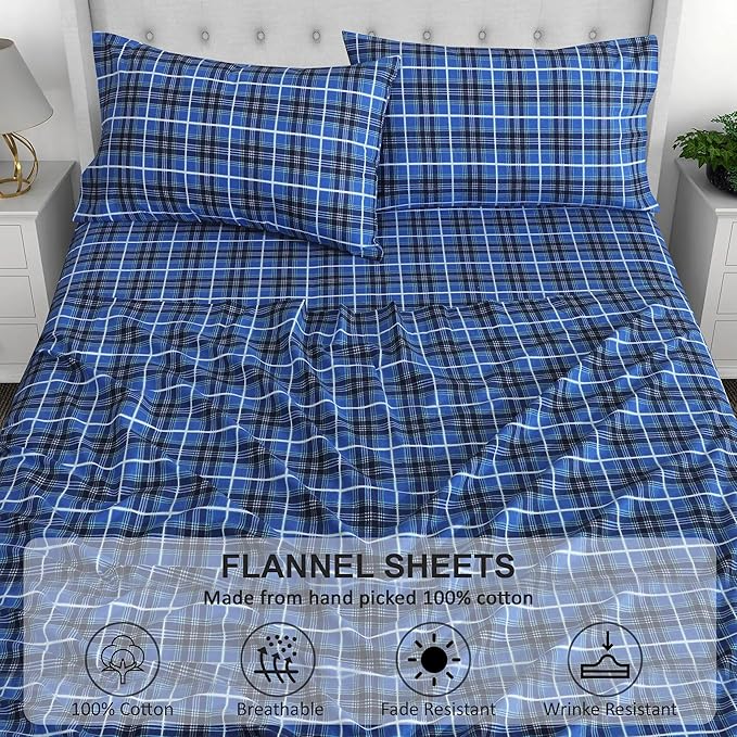 RUVANTI Flannel Sheets Full Size - 100% Cotton Double Brushed Bed Sheets Set, Deep Pockets 16 Inches, All Seasons Breathable & Extra Soft Full Sheets, Warm & Cozy, 4 Piece, Blue Plaid