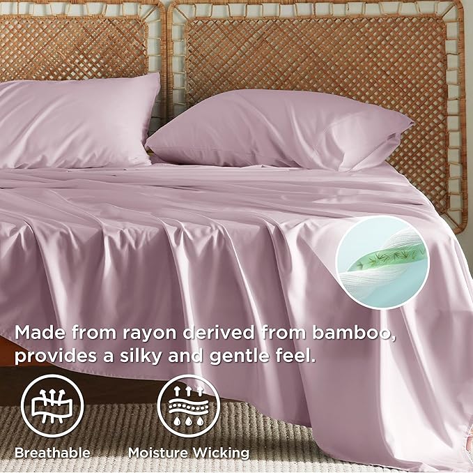 Bedsure California King Sheet Sets, Cooling Sheets, Rayon Derived from Bamboo, Breathable & Soft, Deep Pocket Up to 16 Inches, Hotel Luxury Silky Bedding for Hot Sleepers, Lavender