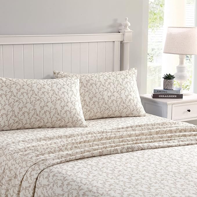 Laura Ashley - Flannel Sheets Twin Size, Anti-Pilling & Wrinkle Resistant Cotton, Touchably Soft for All-Season Comfort - Bed Sheets with Matching Pillowcase & Fitted Sheet (Victoria Beige)