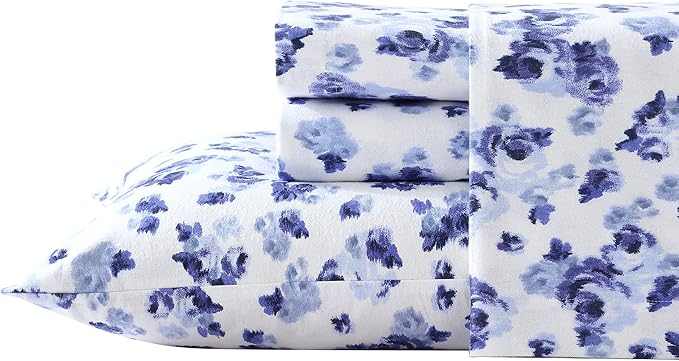 Laura Ashley - Flannel Sheets Twin Size, Anti-Pilling & Wrinkle Resistant Cotton, Touchably Soft for All-Season Comfort - Bed Sheets with Matching Pillowcase & Fitted Sheet (Emelisa Blue)