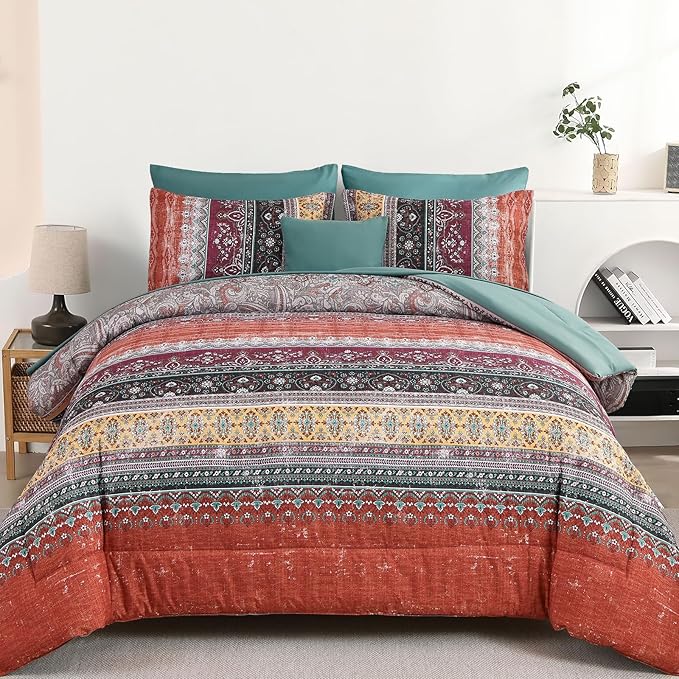 Boho King Size Comforter Set 8 Pieces, Orange and Green Bohemian Striped Bed in a Bag, Paisley Soft Microfiber Bedding Comforter Set