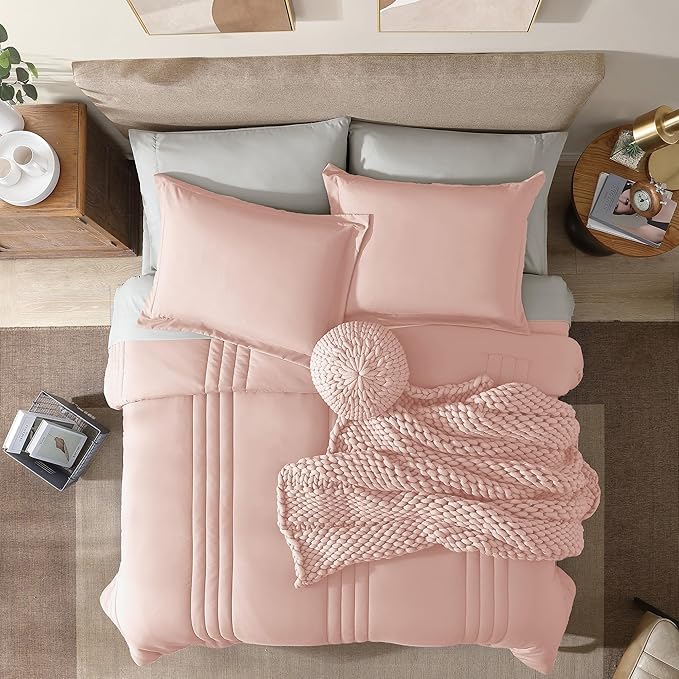 Monbix Full Comforter Set - 7 Pieces Light Pink Bed in a Bag Full Size Bedding Sets with Comforters, All Seasons Down Alternative Comforter with Sheets,Pillowcases & Shams
