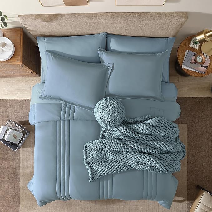 Monbix Queen Comforter Set - 7 Pieces Dusty Blue Bed in a Bag Queen Bedding Sets with Comforters, All Seasons Down Alternative Comforter Bed Set with Sheets, Pillowcases & Shams