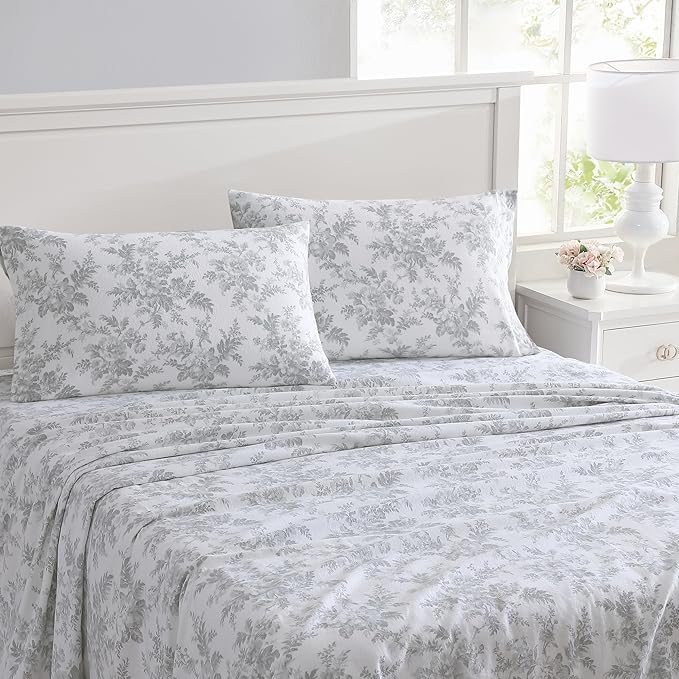 Laura Ashley - Flannel Sheets Queen Size, Anti-Pilling & Wrinkle Resistant Cotton, Touchably Soft for All-Season Comfort - Bed Sheets with Matching Pillowcases & Fitted Sheet (Vanessa Grey)