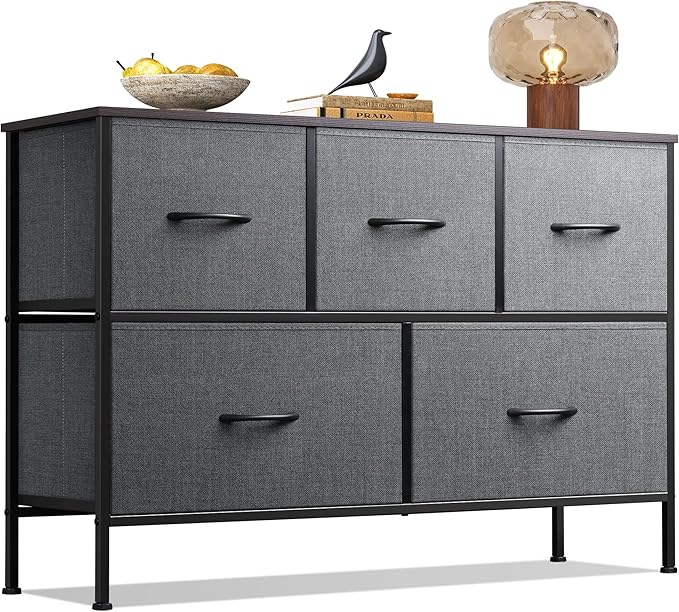 WLIVE Dresser for Bedroom with 5 Drawers, Long Storage Tower Organizer Unit, Fabric Dresser, Storage Drawer Unit with Fabric Bins for Closet, Hallway, Dark Grey, Size L