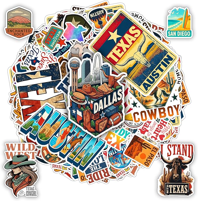 100 PCS Texas Travel Stickers Pack, Vinyl Waterproof Decals with Cowboy Boots Hats Longhorn Desert Cactus State Icons and City, Gift for Kids Teens Adults Wall Water Bottle Scrapbook Car Decor