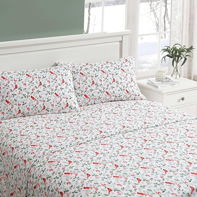 Laura Ashley - Flannel Sheets Twin Size, Anti-Pilling & Wrinkle Resistant Cotton, Touchably Soft for All-Season Comfort - Bed Sheets with Matching Pillowcase & Fitted Sheet (Jolly Cardinals Green)