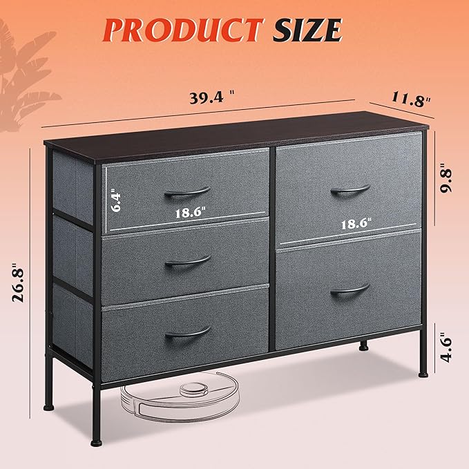 WLIVE Dresser for Bedroom with 5 Drawers, Wide Bedroom Dresser with Drawer Organizers, Chest of Drawers, Fabric Dresser for Living Room, Closet, Hallway, Dark Grey