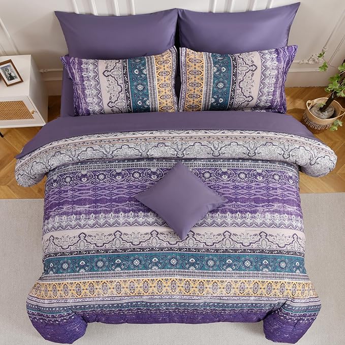 Boho King Size Comforter Set 8 Pieces, Violet Bohemian Striped Bed in a Bag, Paisley Soft Microfiber Bedding Comforter Set