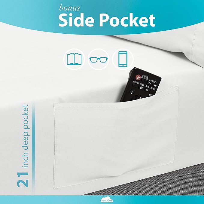 DREAMCARE Twin XL Sheet Sets – 3pcs Cooling Sheets – up to 21” Extra Deep Pocket Twin XL Sheets Set – Hotel Luxury Sheets & Pillowcases – Superior Softness 100% Fine Microfiber with Side Pocket –White