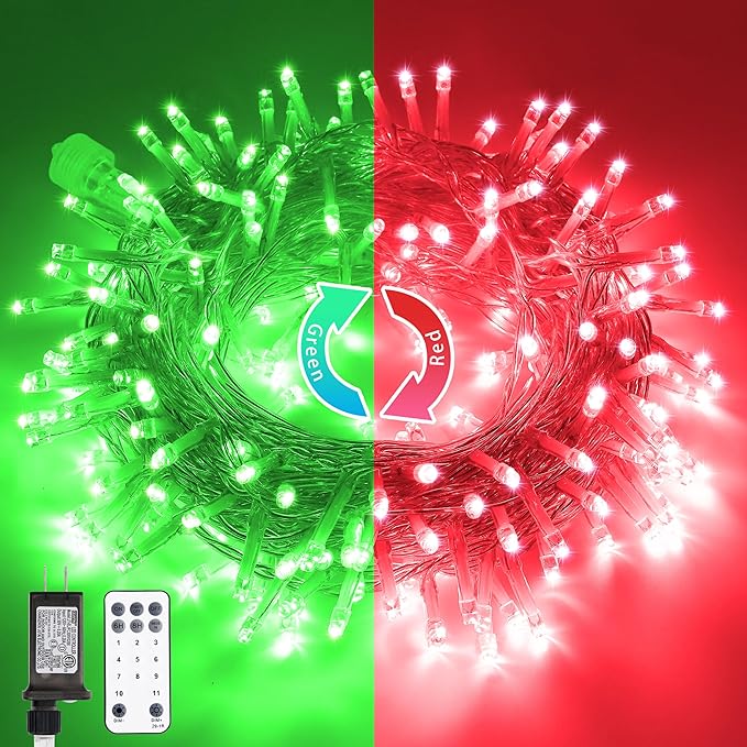 JMEXSUSS 200 LED String Lights Outdoor for Halloween Decor, Red & Green Christmas Lights Clear Wire, 11 Modes Connectable Twinkle String Lights Plug in for Christmas Halloween Garden Home Decorations