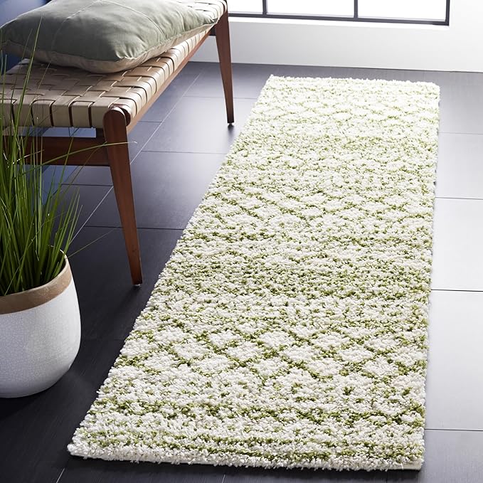 SAFAVIEH Arizona Shag Collection Runner Rug - 2'3" x 8', Ivory & Green, Moroccan Design, Non-Shedding & Easy Care, 1.6-inch Thick Ideal for High Traffic Areas in Living Room, Bedroom (ASG741Y)